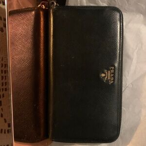 Prada Black Saffiano Leather Zip-Around Wallet with Gold Logo